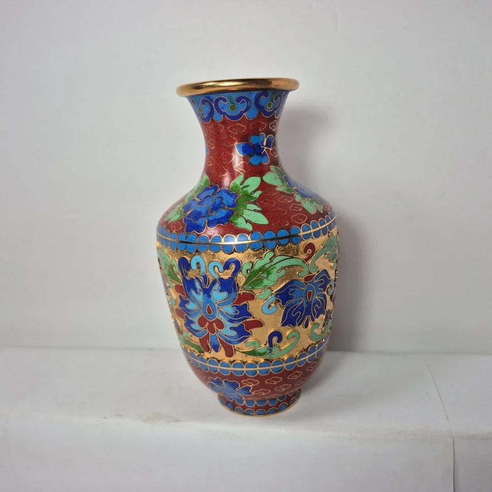 Vintage Chinese Jingfa Cloisonné Bud Vase Blue Aqua Rust Green Deep Cut 5.5